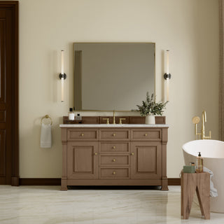 60 Inch Brookfield Freestanding Vanity in Pecan / Eternal Jasmine Pearl Top