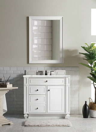 36 Inch Bristol Freestanding Vanity in Bright White / Arctic Fall Solid Surface Top