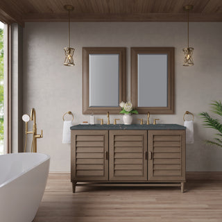 60 Inch Portland Freestanding Vanity in Whitewashed Walnut / Parisien Bleu Top