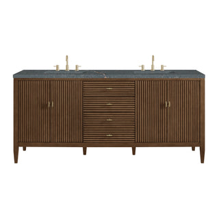 72 Inch Myrrin Freestanding Vanity in Mid-Century Walnut / Parisien Bleu Top
