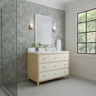 48 Inch Celeste Freestanding Vanity in Sunwashed Oak with Embossed Shagreen Drawer Fronts / White Zeus Top