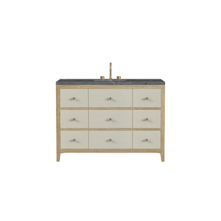 48 Inch Celeste Freestanding Vanity in Sunwashed Oak with Embossed Shagreen Drawer Fronts / Parisien Bleu Top