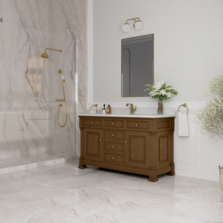60 Inch Brookfield Freestanding Vanity in Honey Oak / White Zeus Top