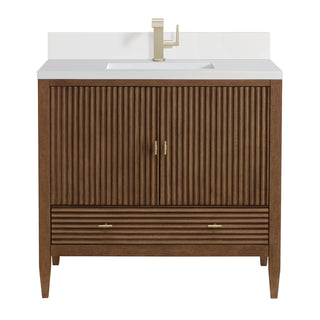 36 Inch Myrrin Freestanding Vanity in Mid-Century Walnut / White Zeus Top