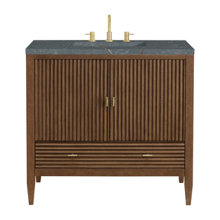 36 Inch Myrrin Freestanding Vanity in Mid-Century Walnut / Parisien Bleu Top
