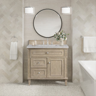 36 Inch Lorelai Freestanding Vanity in Whitewashed Oak / Eternal Jasmine Pearl Top