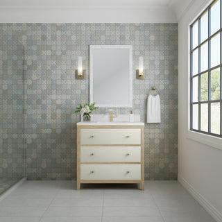36 Inch Celeste Freestanding Vanity in Sunwashed Oak with Embossed Shagreen Drawer Fronts / White Zeus Top