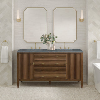 60 Inch Myrrin Freestanding Vanity in Mid-Century Walnut / Parisien Bleu Top
