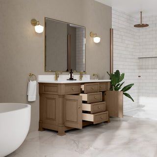 60 Inch Brookfield Freestanding Vanity in Pecan / White Zeus Top