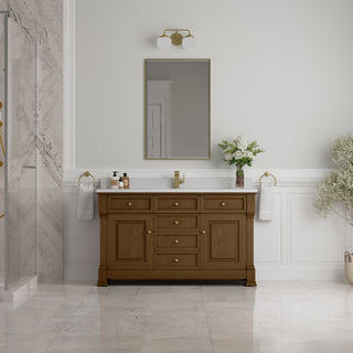 60 Inch Brookfield Freestanding Vanity in Honey Oak / White Zeus Top