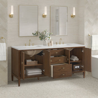 72 Inch Myrrin Freestanding Vanity in Mid-Century Walnut / Arctic Fall Top