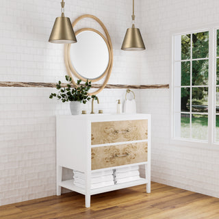36 Inch Olena Freestanding Vanity in Polished White and Light Mappa Burl / White Zeus Top