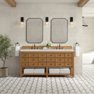 72 Inch Malibu Freestanding Vanity in Amber Birch / Eternal Jasmine Pearl Top