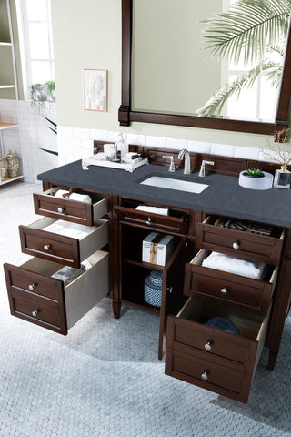 60 Inch Brittany Freestanding Vanity in Burnished Mahogany / Charcoal Soapstone Top