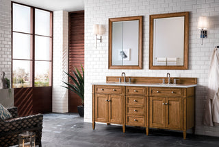 72 Inch Brittany Freestanding Vanity in Saddle Brown / Arctic Fall Solid Surface Top