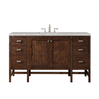 60 Inch Addison Freestanding Vanity in Mid-Century Acacia / Victorian Silver Top