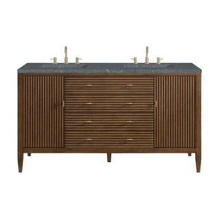 60 Inch Myrrin Freestanding Vanity in Mid-Century Walnut / Parisien Bleu Top