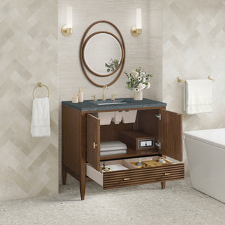 36 Inch Myrrin Freestanding Vanity in Mid-Century Walnut / Parisien Bleu Top
