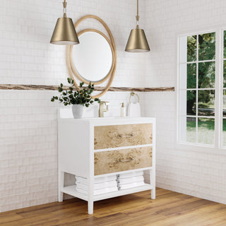 36 Inch Olena Freestanding Vanity in Polished White and Light Mappa Burl / White Zeus Top