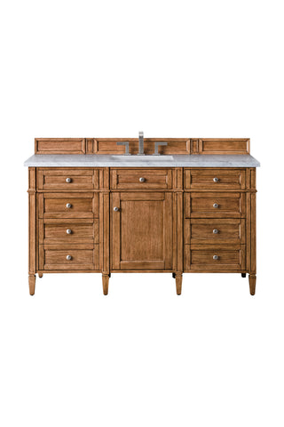 60 Inch Brittany Freestanding Vanity in Saddle Brown / Arctic Fall Solid Surface Top