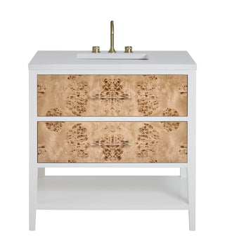 36 Inch Olena Freestanding Vanity in Polished White and Light Mappa Burl / White Zeus Top