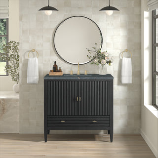 36 Inch Myrrin Freestanding Vanity in Carbon Oak / Parisien Bleu Top