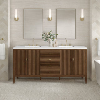 72 Inch Myrrin Freestanding Vanity in Mid-Century Walnut / White Zeus Top