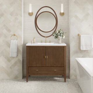 36 Inch Myrrin Freestanding Vanity in Mid-Century Walnut / White Zeus Top