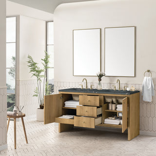 60 Inch Hudson Freestanding Vanity in Light Natural Oak / Parisien Bleu Top