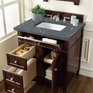 30 Inch Brittany Freestanding Vanity in Burnished Mahogany / Parisien Bleu Top