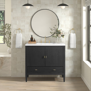 36 Inch Myrrin Freestanding Vanity in Carbon Oak / White Zeus Top