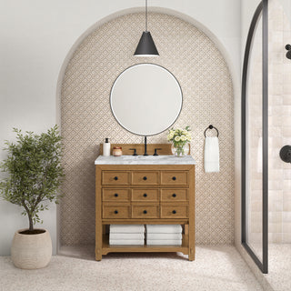 36 Inch Malibu Freestanding Vanity in Amber Birch / Carrara White Top