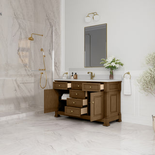 60 Inch Brookfield Freestanding Vanity in Honey Oak / White Zeus Top