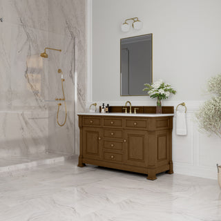 60 Inch Brookfield Freestanding Vanity in Honey Oak / White Zeus Top