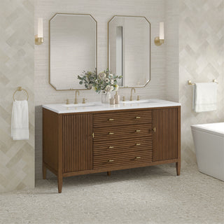 60 Inch Myrrin Freestanding Vanity in Mid-Century Walnut / White Zeus Top