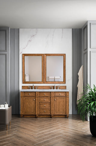 60 Inch Bristol Freestanding Vanity in Saddle Brown / Eternal Jasmine Pearl Top