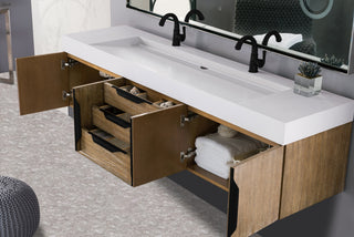 72.375 Inch Columbia Floating Vanity in Latte Oak / Glossy White Top