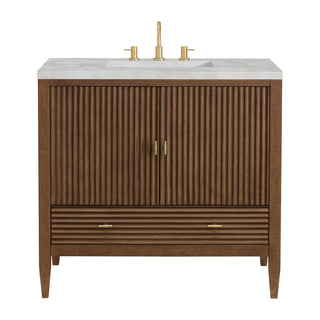 36 Inch Myrrin Freestanding Vanity in Mid-Century Walnut / Victorian Silver Top