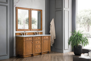 60 Inch Bristol Freestanding Vanity in Saddle Brown / Eternal Jasmine Pearl Top