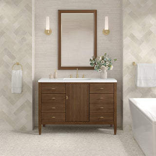 48 Inch Myrrin Freestanding Vanity in Mid-Century Walnut / White Zeus Top
