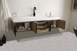 72.375 Inch Columbia Floating Vanity in Latte Oak / Glossy White Top