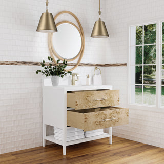 36 Inch Olena Freestanding Vanity in Polished White and Light Mappa Burl / White Zeus Top