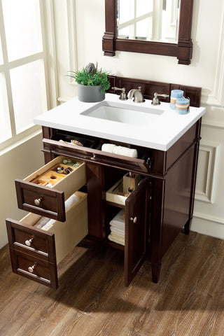 30 Inch Brittany Freestanding Vanity in Burnished Mahogany / White Zeus Top