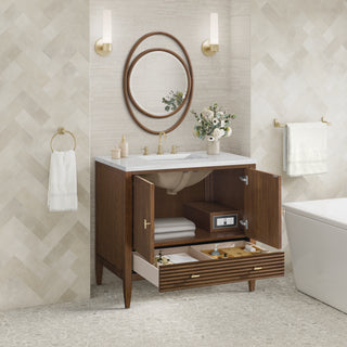 36 Inch Myrrin Freestanding Vanity in Mid-Century Walnut / Arctic Fall Top