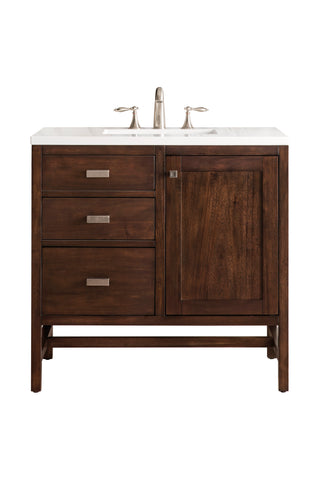 36 Inch Addison Freestanding Vanity in Mid-Century Acacia / White Zeus Top