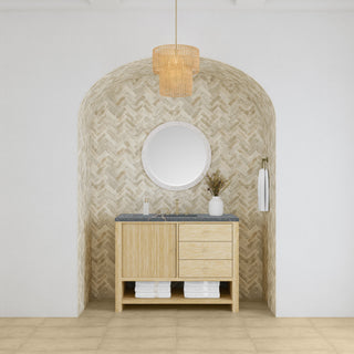 48 Inch Marigot Freestanding Vanity in Sunwashed Oak / Parisien Bleu Top
