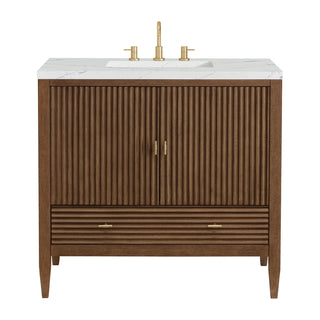 36 Inch Myrrin Freestanding Vanity in Mid-Century Walnut / Ethereal Noctis Top