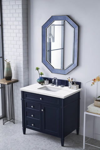36 Inch Brittany Freestanding Vanity in Victory Blue / Arctic Fall Solid Surface Top