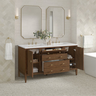 60 Inch Myrrin Freestanding Vanity in Mid-Century Walnut / White Zeus Top