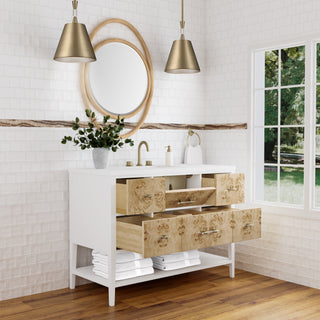 48 Inch Olena Freestanding Vanity in Polished White and Light Mappa Burl / White Zeus Top